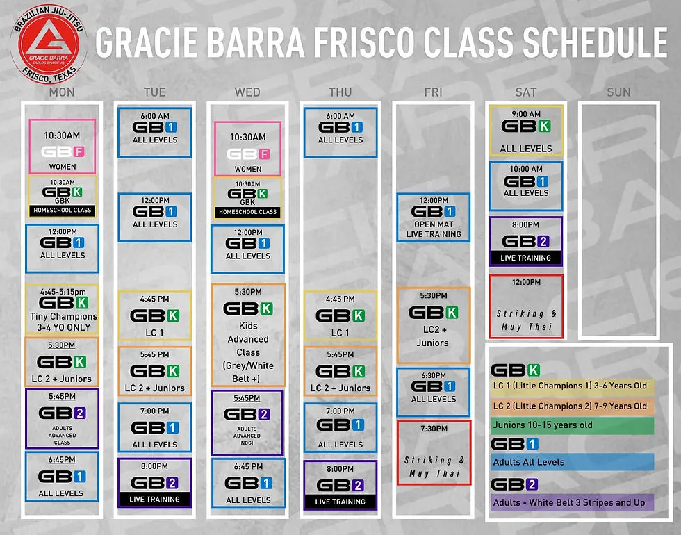 Which ones are the kids’ BJJ class times at Gracie Barra Jiu-Jitsu Frisco Texas?